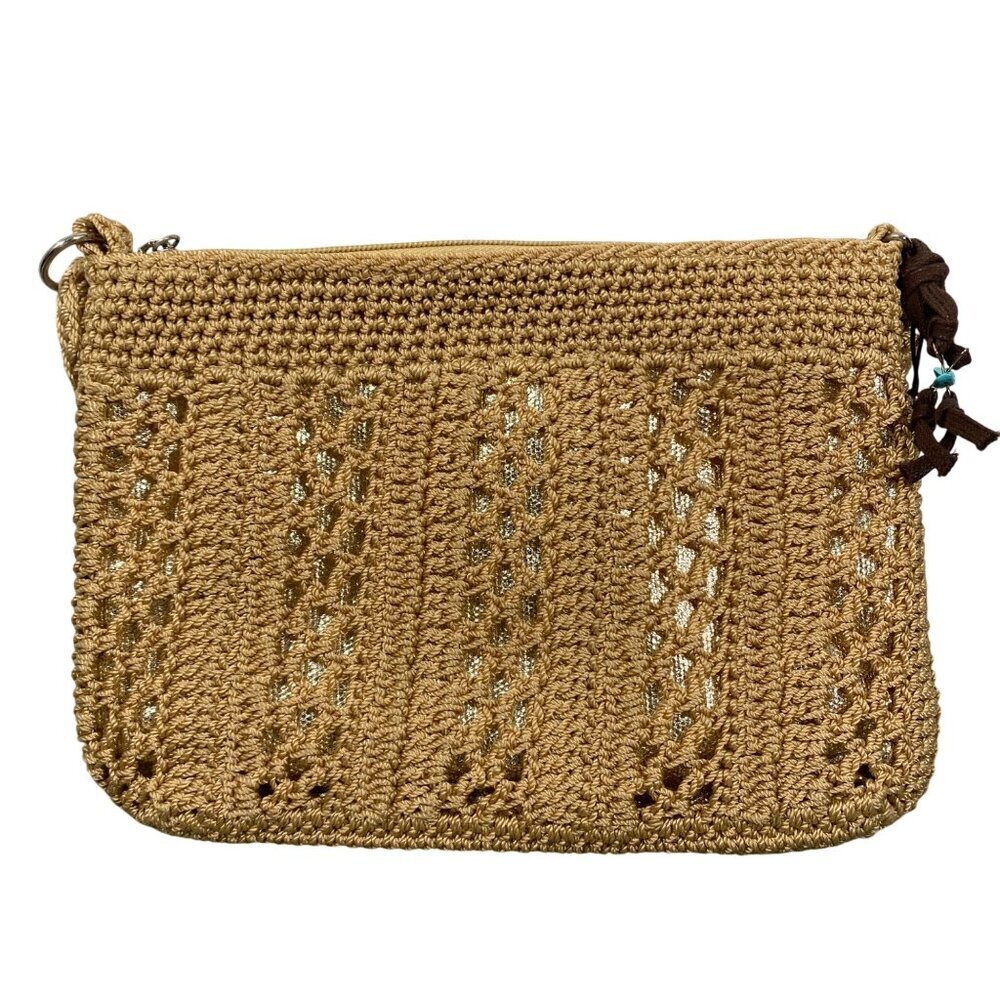 The Sak Womens Crocheted gold metallic underlay Crossbody Bag Beige beach boho - Picture 2 of 14
